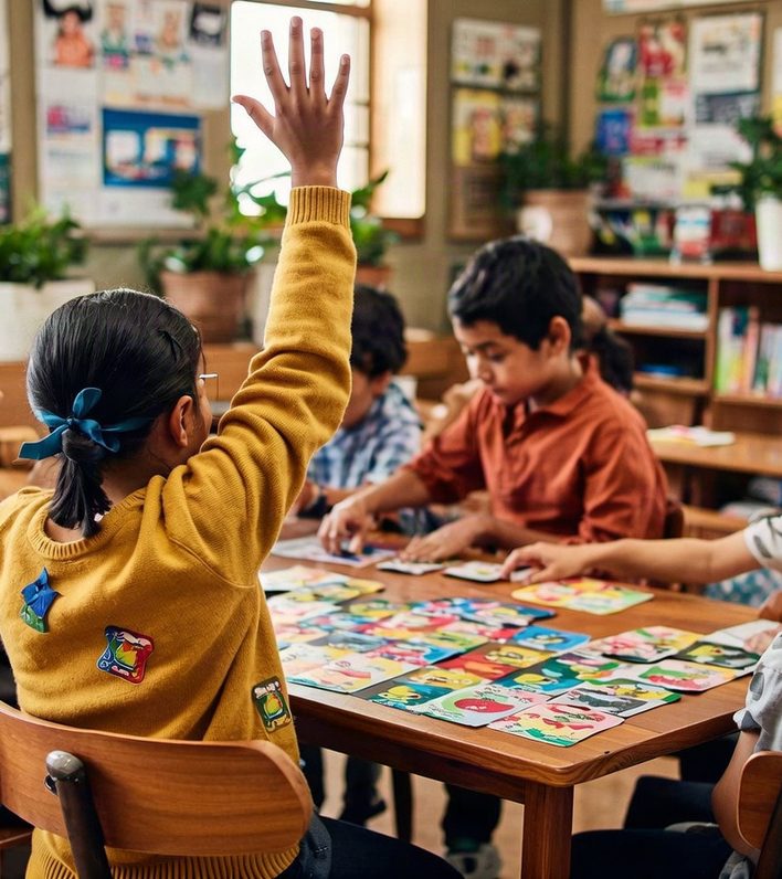 Primaire : des écoliers autour de cartes colorées, un garçon lève la main
