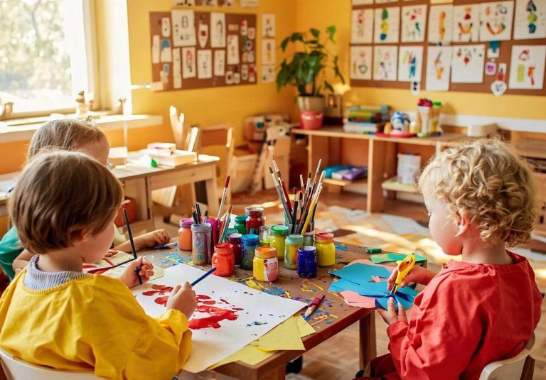 Maternelle : de jeunes enfants peignent autour d'une table dans une classe colorée