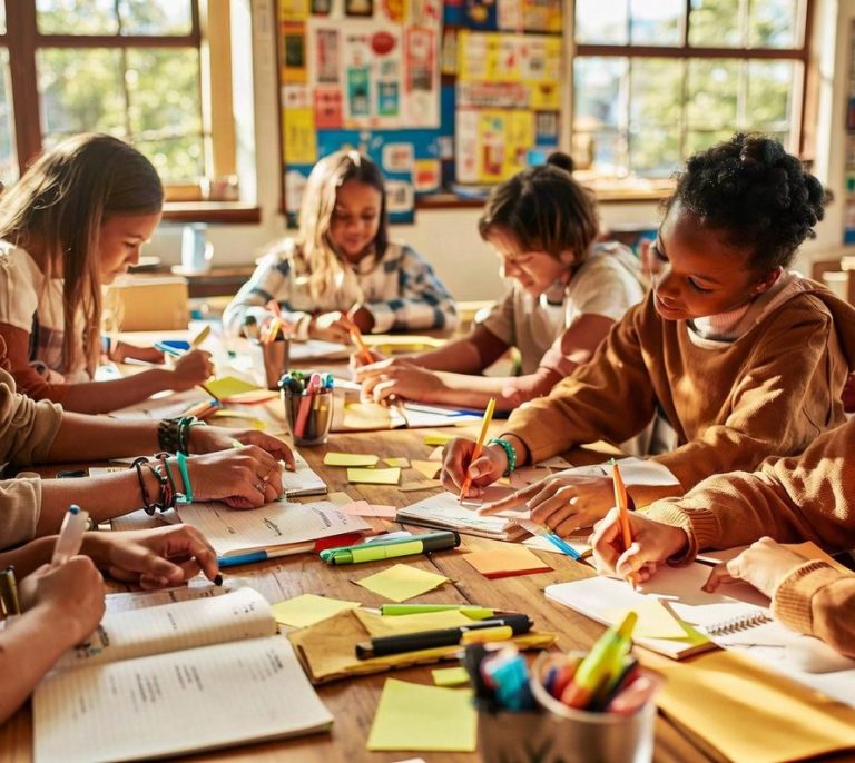 Collège : des collégiens écrivent sur des post-it autour d'une grande table